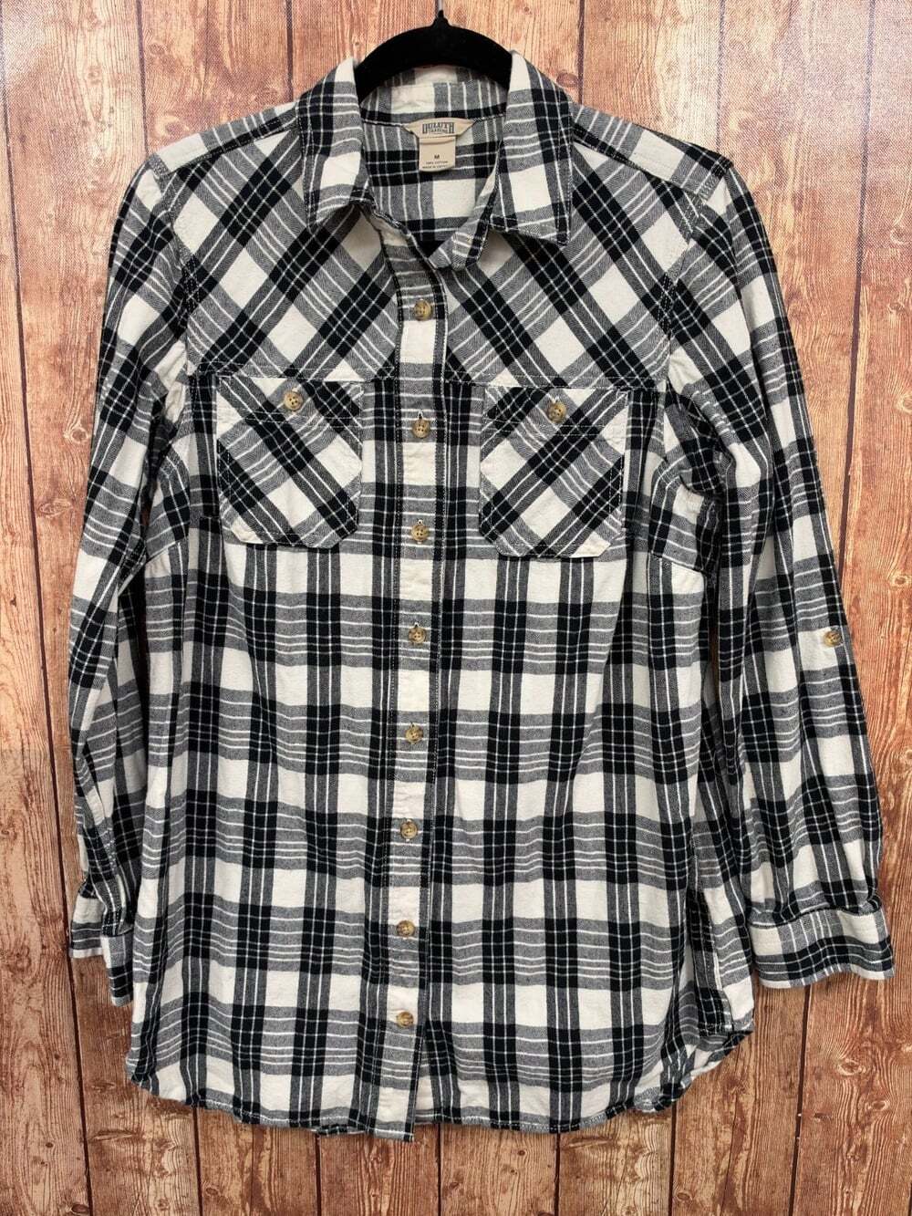 Duluth Trading Co Women's M Plaid Flannel Shirt Black White Cotton Long Tunic